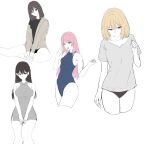  5girls bang_dream! bang_dream!_girls_band_party! bang_dream!_it's_mygo!!!!! black_dress black_hair black_panties black_shirt blonde_hair blue_one-piece_swimsuit breasts chihaya_anon commentary_request dress fang grey_eyes grey_jacket grey_shirt highres jacket korean_commentary large_breasts long_hair medium_breasts medium_hair misumi_uika mole mole_under_eye multiple_girls one-piece_swimsuit open_mouth panties pink_hair ptal purple_eyes shiina_taki shirt simple_background single_off_shoulder skin_fang sleeveless sleeveless_dress swimsuit tsukishima_marina underwear v white_background 