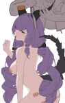  1boy 1girl arknights arknights:_endfield breasts commentary_request completely_nude cutting_horns demon_girl demon_horns demon_tail drill_hair highres holding_saw horns jacket long_hair m_xy nipple_piercing nipples nude open_clothes open_jacket open_mouth piercing purple_hair red_eyes sex_toy short_sleeves simple_background tail tongue tongue_out tongue_piercing twin_drills typhon_(arknights) very_long_hair vibrator 