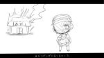  1girl bandaged_ear bandaged_head bandages building burning burning_building call_of_cthulhu chibi chibi_only commentary_request dress eyelashes fire full_body greyscale highres kamurou1111 legs_apart long_sleeves monochrome one_eye_covered open_mouth shiki_okuri simple_background smoke solo standing translation_request urara_(kamurou1111) white_background 