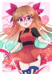  1girl aqua_hair black_shirt blue_gloves blue_thighhighs blush bow brown_hair commentary_request cropped_shirt fingerless_gloves glasses gloves hair_bow highres long_hair looking_at_viewer multicolored_hair ohdo_yuamu open_mouth red-framed_eyewear red_bow red_shirt red_streaks s_ebi shirt single_glove smile solo streaked_hair thighhighs very_long_hair yu-gi-oh! yu-gi-oh!_go_rush!! zettai_ryouiki 