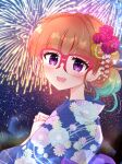  1girl aerial_fireworks alternate_costume aqua_hair blue_kimono blush brown_hair commentary_request fireworks floral_print floral_print_kimono flower glasses gradient_hair hair_bun hair_flower hair_ornament highres japanese_clothes kimono looking_at_viewer medium_hair multicolored_hair night ohdo_yuamu open_mouth print_kimono purple_eyes red-framed_eyewear red_flower red_streaks s_ebi smile solo streaked_hair teeth two-tone_hair upper_teeth_only yu-gi-oh! yu-gi-oh!_go_rush!! 