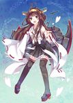  :d ahoge bad_id bad_pixiv_id black_eyes brown_hair detached_sleeves frilled_skirt frills gomano_rio hairband heart japanese_clothes kantai_collection kongou_(kantai_collection) long_hair looking_at_viewer machinery nontraditional_miko open_mouth outstretched_hand ribbon-trimmed_sleeves ribbon_trim skirt smile solo thighhighs turret v-shaped_eyebrows wide_sleeves 