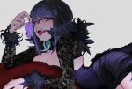  1girl au_ra black_hair blue_horns blue_scales breasts cleavage commentary dragon_girl dragon_horns dragon_tail dress fangs feather_hair_ornament feather_wrist_cuffs feathers final_fantasy final_fantasy_xiv food fruit grey_background hair_ornament holding holding_food holding_fruit horns lace lace_sleeves looking_at_viewer lounging moth_ram multicolored_hair open_mouth original purple_dress purple_eyes purple_hair scales simple_background solo tail tongue tongue_out two-tone_hair untranslatable_commentary warrior_of_light_(ff14) 
