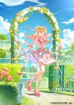  1girl :d ;d album_cover arm_behind_head blonde_hair blue_sky boots cloud commentary company_name contrail copyright_notice cover cropped_shirt day falling_petals floating_hair flower fountain full_body high_heel_boots high_heels hoshikawa_sara idol_clothes knee_boots lace-up_boots layered_skirt long_hair looking_at_viewer midriff multicolored_hair myao_(myaodayone) nijisanji official_alternate_costume official_art one_eye_closed one_side_up open_hand open_mouth outdoors petals pink_flower pink_hair pink_rose pink_shirt pom_pom_(clothes) rose sample_watermark shirt skirt sky sleeveless sleeveless_shirt smile solo standing standing_on_one_leg tiara tree virtual_youtuber watermark white_skirt yellow_eyes yellow_flower yellow_rose 