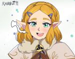  1girl artist_name blonde_hair breath brown_gloves commentary cropped english_commentary eyelashes gloves green_eyes hair_ornament hairclip heart highres karbuitt medium_hair multiple_hairclips open_mouth own_hands_together pointy_ears princess_zelda smile snowflakes solo teeth the_legend_of_zelda the_legend_of_zelda:_tears_of_the_kingdom thick_eyebrows triforce upper_teeth_only 