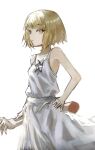  1girl absurdres bare_shoulders blonde_hair cokei collarbone commentary dress hand_on_own_hip highres holding holding_limb kiss-shot_acerola-orion_heart-under-blade looking_at_viewer medium_hair monogatari_(series) oshino_shinobu severed_arm severed_limb simple_background solo vampire white_dress yellow_eyes 