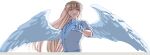  1boy amano_mashiro angel_wings brown_hair commentary_request crown_of_thorns earrings esse_series feathered_wings highres jewelry long_hair male_focus mouenante oshi_no_taisetsuna_hito_ni_narikawaru paint_chat_(medium) reaching reaching_towards_viewer simple_background solo stud_earrings suit very_long_hair white_background white_suit wings 