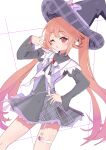  1girl absurdres blush bow commentary dress hand_on_own_hip hat highres looking_at_viewer mistique_(stella_sora) one_eye_closed open_mouth orange_hair purple_bow purple_dress purple_hat red_eyes ryoki_217 solo stella_sora thigh_strap thighs witch witch_hat 