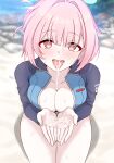  1girl absurdres after_fellatio bikini blue_archive blue_bikini blue_halo breasts cleavage commentary cropped_rash_guard cum cum_in_mouth cum_on_body cum_on_hands cum_on_tongue daram_(shappydude) facial hair_bun hair_intakes halo highres kokoro_(blue_archive) large_breasts looking_at_viewer open_mouth pink_eyes pink_hair rash_guard solo swimsuit tongue tongue_out 