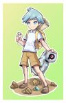  1boy absurdres aged_down alternate_color aqua_eyes artsheops backpack bag beldum black_sclera blue_hair border brown_shoes brown_shorts child claw_fossil closed_mouth collared_shirt colored_sclera commentary_request eyelashes fossil full_body green_background hand_on_another's_head highres holding legs_apart male_focus mega_stone one-eyed outline pokemon pokemon_(creature) pokemon_omega_ruby_and_alpha_sapphire red_eyes rock root_fossil shiny_pokemon shirt shoes short_hair shorts simple_background smile spanish_commentary sparkle standing steven_stone twitter_username watermark white_border white_outline white_shirt yellow_bag 