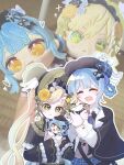  2girls ^_^ bag bird_hat_ornament black_bag black_bow black_bowtie black_capelet black_flower black_hat black_rose blonde_hair blue_hair blue_necktie blue_skirt bonnet bow bow_flower bowtie braid braided_hair_rings capelet character_doll chinstrap closed_eyes collared_shirt commentary_request contrast_collar crossbody_bag deerstalker doll dress flower frilled_capelet frilled_dress frilled_sleeves frills green_bonnet green_eyes grey_vest hair_bow hair_flower hair_ornament hair_rings hat hat_bow highres holding holding_doll kotokoto_(555555351o) lolita_fashion long_hair long_sleeves mahou_shoujo_no_majo_saiban multiple_girls necktie open_mouth outline photo_background plaid_clothes plaid_skirt rose shirt short_hair skirt smile tachibana_sherry tono_hanna twintails vest white_flower white_outline white_rose white_shirt wide_sleeves winged_hat yellow_eyes yellow_flower yellow_rose yuri 