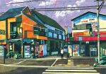  1girl building car cloud commentary masashi_shimakawa motor_vehicle original outdoors road scenery shop sign sky vending_machine 