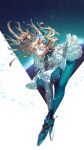  1girl absurdres aqua_boots aqua_pantyhose asymmetrical_footwear asymmetrical_legwear bent_over black_horns blonde_hair blue_eyes boots curled_horns ereshkigal_(fate) fate/grand_order fate_(series) floating_hair full_body gloves gloves_over_sleeves green_pantyhose green_ribbon grey_boots grey_gloves hair_ribbon hand_up highres horns juliet_sleeves knee_boots long_hair long_sleeves looking_at_viewer lower_teeth_only mismatched_footwear mismatched_legwear open_mouth pantyhose puffy_sleeves ribbon single_knee_boot single_leg_pantyhose sky solo space_ereshkigal_(fate) star_(sky) starry_sky teeth white_sleeves xuanchen230528 