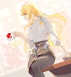  1girl absurdres black_pantyhose blonde_hair breasts brown_skirt coffee_mug commentary_request cup fuwafuwatoufu glasses green_eyes highres kantai_collection large_breasts long_hair long_sleeves mug navy_cross northampton_(kancolle) northampton_(valentine)_(kancolle) official_alternate_costume one-hour_drawing_challenge pantyhose rope_around_waist semi-rimless_eyewear shirt sitting skirt solo sweater white_shirt white_sweater window 