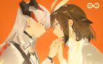  2girls arknights brown_hair chinese_commentary closed_mouth commentary_request dragon_girl dragon_horns earrings eye_contact face-to-face feather_hair from_side glasses grey_hair hair_between_eyes hand_up highres holding_hands horns interlocked_fingers jewelry long_hair looking_at_another multiple_girls nail_polish orange_background orange_eyes orange_nails owl_ears profile rhine_lab_logo saria_(arknights) short_hair silence_(arknights) simple_background upper_body yellow_nails zhangyu_ren 