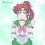  1girl :o an_dres_art bishoujo_senshi_sailor_moon bishoujo_senshi_sailor_moon_stars blush bow breasts brooch brown_hair chest_bow choker christianity circlet collarbone commentary commission earrings elbow_gloves english_commentary gloves green_choker green_eyes green_sailor_collar green_skirt hair_bobbles hair_ornament high_ponytail highres holding holding_rosary jewelry kino_makoto leotard long_hair looking_at_viewer magical_girl medium_breasts miniskirt open_mouth parted_bangs petticoat pink_bow pleated_skirt ponytail rosary sailor_collar sailor_jupiter sailor_senshi_uniform skirt solo star_(symbol) star_brooch star_choker star_earrings super_sailor_jupiter_(stars) surprised twitter_username white_gloves white_leotard 