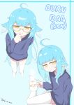  1girl absurdres ahoge blue_hair closed_mouth commentary cup english_commentary fang glasses hair_flaps highres holding holding_cup hot_chocolate long_hair long_sleeves looking_at_viewer multiple_views no_shoes original purple_sweater semi-rimless_eyewear sidelocks sitting skin_fang smile standing sweater thighhighs tninja under-rim_eyewear white_thighhighs yellow-framed_eyewear yellow_eyes 