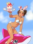  animal_ears arm_support bikini black_hair blush breasts bunny_ears bunny_tail cleavage dolphin fukusuke_hachi-gou highres original red_eyes shaved_ice shiny shiny_skin short_hair swimsuit tail tan wrist_cuffs 