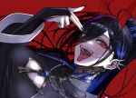  1girl ayase_yuu ayase_yuu_(2nd_costume) bead_necklace beads black_bridal_gauntlets black_hair black_jacket black_nails black_shirt blue_gem blue_ribbon blue_streaks breasts bridal_gauntlets cleavage_cutout clothing_cutout commentary_request demon_horns double-parted_bangs ear_piercing earrings finger_gun gem gold_trim grey_shirt hair_over_one_eye high_collar high_ponytail highres horns jacket jewelry long_bangs long_hair looking_at_viewer maximum_pamyu multicolored_hair neck_tattoo necklace official_alternate_costume official_alternate_hairstyle open_clothes open_jacket open_mouth phase_connect piercing ponytail red_background red_eyes red_horns ribbon ribbon_earrings saliva saliva_trail_between_teeth shirt simple_background smile solo spiked_ear_piercing streaked_hair tattoo teeth tongue tongue_out upper_teeth_only variant_set very_long_hair virtual_youtuber wide_sleeves 