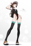  1girl absurdres artist_name baseball_cap black_leotard black_thighhighs brown_eyes brown_hair cameltoe commentary covered_navel elaine_(pokemon) english_commentary flat_chest full_body grin hand_up hat highleg highleg_leotard highres leotard looking_at_viewer orange_shoes otokakoto pokemon pokemon:_let's_go_pikachu!_and_let's_go_eevee! ponytail shoes short_sleeves skindentation smile solo thighhighs 