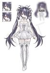  1girl absurdres adoptable bare_shoulders black_eyes black_hair blurry boots bow breasts choker cleavage closed_mouth commentary cross cross_choker demon_girl dress english_commentary eyelashes fishnets full_body grey_hair grey_ribbon grey_streaks hair_intakes hair_over_one_eye hair_ribbon head_wings highres long_hair miclipse multicolored_hair multiple_expressions original pointy_ears ribbon simple_background smile solo standing streaked_hair thigh_boots twintails two-tone_hair very_long_hair watermark white_background white_boots white_bow white_choker white_dress wings 
