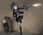  2girls black_hair blonde_hair bullet_casing desk female firing fly gun highres multiple_girls original pale_skin school_uniform shooting skirt steeam stitches weapon yellow_eyes 