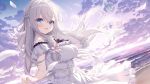  1girl arms_at_sides artist_request beach bird blue_eyes blush braid breasts cloud commentary_request crescent_moon crossed_bangs dress dutch_angle feathers flower frilled_dress frills hair_flower hair_ornament half_up_braid highres horizon kimihara_yua large_breasts long_hair looking_at_viewer low-tied_long_hair mikagami_mamizu moon ocean off-shoulder_dress off_shoulder official_art open_mouth outdoors pieces_(series) pieces_/_yurikago_no_canaria sand shooting_star shore sky smile solo star_(sky) starry_sky upper_body water waves white_dress white_hair 