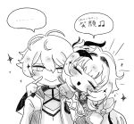  ... 1boy 1girl ahoge cheek_poking coat commentary_request elysia_(honkai_impact) elysia_(miss_pink_elf)_(honkai_impact) gloves greyscale hair_ornament highres honkai_(series) honkai_impact_3rd kevin_kaslana long_hair monochrome musical_note nenetco37 poking short_hair simple_background single_glove smile speech_bubble spoken_ellipsis translation_request very_long_hair 