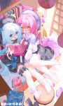  2girls :d absurdres black_hat black_shoes black_skirt blue_eyes blue_hair blush chinese_commentary commentary_request dildo double-parted_bangs double_horizontal_stripe egg_vibrator feet frilled_socks frills full_body hair_between_eyes hair_intakes hat highres long_hair long_sleeves manga_(object) miniskirt multiple_girls ningmeng_jing_jing_jing_jing no_shoes nose_blush open_mouth original pink_hair pleated_skirt purple_hat sex_toy shirt shoes single_hair_intake sitting skirt smile socks toes unworn_shoes variant_set vibrator virtual_youtuber white_shirt white_socks 