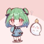  1girl :< ? animal_print arm_at_side blue_dress blush blush_stickers brown_background butterfly_print chibi chibi_only closed_mouth commentary creature double_bun dress fandead_(uruha_rushia) flower-shaped_pupils full_body ghost green_hair hair_bun hair_ornament highres hololive looking_at_viewer miaomi5555 piyoko_(uruha_rushia) red_eyes short_hair simple_background sketch solo standing symbol-shaped_pupils two-tone_background uruha_rushia uruha_rushia_(1st_costume) virtual_youtuber 