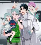  1girl 1other 2boys alien_stage black_eyes black_hair bunny_ears_prank carrying carrying_person child choker coat english_commentary english_text glasses green_eyes green_tank_top grey-haired_girl_(alien_stage) grey_choker grey_hair highres ivan_(alien_stage) long_hair lucidkana multiple_boys piggyback pink-haired_child_(alien_stage) pink_hair red_pupils see-through_clothes see-through_tank_top shirt short_hair striped_clothes striped_shirt stuffed_animal stuffed_rabbit stuffed_toy tank_top till_(alien_stage) turtleneck turtleneck_shirt v very_short_hair white_coat white_shirt yellow_eyes 