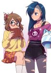  2girls alternate_costume alternate_hairstyle alternate_universe asymmetrical_hair bare_shoulders bespectacled black-framed_eyewear black_choker black_shorts blue_eyes blue_hair blush book brown_hair character_print chest_tattoo choker collarbone commentary commission dawn_(pokemon) earrings english_commentary eyebrow_piercing eyelashes face_piercing glasses grey_pantyhose hair_bun hair_ribbon heart heart_print helmet highres holding holding_book holding_unworn_helmet invisible_chair jewelry laura_jimenez long_hair long_sleeves looking_at_another may_(pokemon) motorcycle_helmet multiple_girls open_book pantyhose piercing poke_ball poke_ball_(basic) pokemon pokemon_(anime) pokemon_the_series:_diamond_and_pearl pokemon_the_series:_ruby_and_sapphire print_shirt print_skirt punk purple_shirt red_ribbon red_skirt ribbon second-party_source shirt short_hair short_sleeves shorts sidecut single_hair_bun sitting skirt skull_and_crossbones socks standing sweater tattoo torchic torn_clothes torn_pantyhose torn_shorts undercut unworn_headwear unworn_helmet white_helmet white_socks yellow_sweater yuri 
