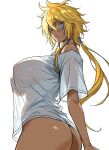  1girl alternate_costume arrancar ass bare_shoulders bleach blonde_hair breasts casual commentary dark-skinned_female dark_skin english_commentary facial_mark green_eyes highres large_breasts long_hair looking_at_viewer naked_shirt ponytail see-through_clothes see-through_shirt see-through_silhouette shirt short_sleeves simple_background solo tank_top tattoo tier_harribel white_shirt white_tank_top zantyarz 