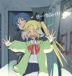  >_< 2girls absurdres ahoge black_shirt black_skirt blonde_hair blood blood_on_wall blue_hair bocchi_the_rock! bow bowtie covering_another's_eyes detached_ahoge english_commentary green_jacket hair_ornament hairclip highres hood hood_down hooded_jacket hoodie ijichi_nijika jacket long_sleeves machuuu68 medium_hair mole mole_under_eye multiple_girls open_clothes open_hoodie open_mouth pleated_skirt polka_dot polka_dot_bow polka_dot_bowtie red_bow red_bowtie shirt side_ponytail skirt surprised tearing_up ufo white_shirt yamada_ryo yellow_eyes 
