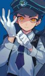  1boy adjusting_clothes adjusting_gloves belt black_belt black_coat black_hat blue_background blue_hair blue_necktie closed_mouth coat coat_on_shoulders collared_shirt commentary_request dutch_angle expressionless gloves hand_up hat highres looking_at_viewer male_focus necktie orange_eyes puyopuyo puyopuyo_quest roquier_(puyopuyo) roquier_(time_leaper)_(puyopuyo) shirt shirt_tucked_in short_hair simple_background solo tie_clip upper_body urolo very_short_hair white_gloves white_shirt 