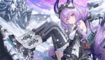 1girl arknights arknights:_endfield bare_shoulders black_gloves black_thighhighs boots closed_mouth commentary_request detached_sleeves gloves hair_between_eyes highres knees_up long_hair long_sleeves looking_at_viewer outdoors purple_eyes purple_hair sitting smile snow solo thighhighs typhoeus_(arknights) typhon_(arknights) very_long_hair white_boots winter xian_shui_chang_chong 