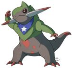  bandana bandana_around_neck black_sclera blue_bandana chibi-pika-artwork claws clothed_pokemon colored_sclera colored_skin fraxure green_skin grey_skin highres multicolored_skin no_humans pokemon pokemon_(creature) pokemon_mystery_dungeon red_eyes simple_background solo tail transparent_background two-tone_skin 