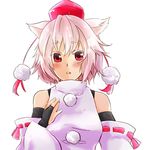  animal_ears arthur_salvatores bare_shoulders blush breasts detached_sleeves hand_on_own_chest hat inubashiri_momiji looking_at_viewer medium_breasts open_mouth pom_pom_(clothes) red_eyes short_hair silver_hair simple_background solo tokin_hat touhou white_background wolf_ears 