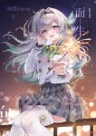  1girl :d absurdres black_hairband blue_eyes blue_pupils bow bowtie buttons commission double-breasted feet_out_of_frame firefly_(honkai:_star_rail) firefly_(spring_missive)_(honkai:_star_rail) fireworks floating_hair gradient_eyes green_bow green_bowtie grey_hair grey_sailor_collar grey_skirt hair_between_eyes hair_intakes hairband hand_up highres holding holding_fireworks honkai:_star_rail honkai_(series) long_hair long_sleeves looking_at_viewer mihuashi_commission miniskirt multicolored_eyes night official_alternate_costume open_mouth outdoors plaid_bow plaid_bowtie plaid_clothes plaid_skirt pleated_skirt sailor_collar sayaaatat school_uniform shirt sitting skirt smile solo sparkler thighhighs too_many_watermarks two-tone_eyes watermark white_shirt white_thighhighs 