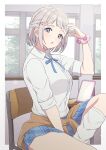  1girl blue_eyes blue_ribbon blue_skirt blush border braid breasts brown_cardigan cardigan chair clothes_around_waist commentary desk dot_nose from_side gakuen_idolmaster grey_hair gyaru hair_ornament hair_ribbon hairclip half_up_braid hand_up hatsuboshi_gakuen_school_uniform highres idolmaster indoors juu_10 katsuragi_lilja knee_up lens_flare looking_at_viewer loose_socks medium_breasts mirror neck_ribbon on_chair open_mouth outside_border pink_scrunchie pleated_skirt ribbon ribbon_in_braid school_chair school_desk school_uniform scrunchie shirt short_hair sitting skirt sleeves_rolled_up socks solo tree white_border white_shirt white_socks window wrist_scrunchie 