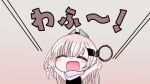  1girl :d \o/ arms_up bare_arms black_one-piece_swimsuit blush brown_hair chibi closed_eyes commentary_request gradient_background headgear kantai_collection long_hair one-piece_swimsuit outstretched_arms scarf shouhou-san_daisuki_teitoku smile swimsuit translation_request upper_body wahoo_(kancolle) white_scarf 