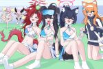  6+girls absurdres alternate_costume animal_ears annoyingmaggot ass ball bike_shorts bike_shorts_under_skirt black_hair blue_archive blue_eyes bottle breasts cat cat_ears cat_girl dog_ears dog_girl fang feathered_wings gloves halo hanako_(blue_archive) head_wings hibiki_(blue_archive) hibiki_(cheer_squad)_(blue_archive) highres holding holding_bottle koharu_(blue_archive) looking_at_viewer mari_(blue_archive) mari_(track)_(blue_archive) millennium_cheerleader_outfit_(blue_archive) multiple_girls official_alternate_costume orange_hair panties pink_halo pom_pom_(cheerleading) red_hair red_halo renge_(blue_archive) serika_(blue_archive) shoes skin_fang smug socks sweat tail tennis_ball tongue tongue_out underwear upskirt water_bottle white_gloves white_shoes white_socks wings yellow_halo 