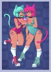  2girls :3 animal_ears black_choker black_eyes blue_background blush_stickers bob_cut body_writing border bottle bracelet breasts cat_ears cat_girl checkered_background choker closed_mouth colored_tongue commentary commission covered_navel cream_(flipwitch) dark-skinned_female dark_skin english_commentary eyeshadow fangs flipwitch_-_forbidden_sex_hex frilled_one-piece_swimsuit frills glass_bottle green_hair green_nails green_one-piece_swimsuit green_shoes green_tail green_tongue grey_border groin hand_on_own_thigh heart high_heels high_tops highres hip_tattoo holding holding_bottle invisible_floor jewelry linea_alba looking_at_viewer makeup medium_breasts milk_(flipwitch) milk_bottle multiple_bracelets multiple_girls ninelean one-piece_swimsuit open_mouth pink_eyeshadow pink_hair pink_nails pink_one-piece_swimsuit pink_shoes pink_tail pink_trim purple_eyeshadow shoes smile sneakers socks standing standing_on_one_leg swimsuit tail_raised tattoo tongue tongue_out white_socks yellow_tongue 