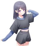  1girl black_hair black_shirt black_shorts blush breasts commentary_request dress_shirt highres katsushika_yuki layered_sleeves long_hair long_sleeves looking_at_viewer midriff_peek navel open_mouth original purple_eyes shirt short_over_long_sleeves short_sleeves shorts simple_background small_breasts smile solo white_background 