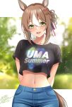  1girl animal_ears black_shirt blue_pants blush breasts brown_hair clothes_writing clover_hair_ornament crop_top crop_top_overhang cropped_shirt denim fine_motion_(umamusume) green_eyes hair_between_eyes hair_bun hair_ornament highres horse_ears horse_girl horse_tail jeans looking_at_viewer midriff multicolored_hair navel open_mouth pants shirt shirt_overhang short_sleeves shu_(syuh9029) smile solo stomach tail teeth uma_summer_(umamusume) umamusume upper_teeth_only white_hair 