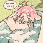  1boy :3 ahoge animal_ears bath bathroom bathtub blue_eyes blush cocked_eyebrow commentary completely_nude convenient_censoring dot_nose english_commentary english_text feet floppy_ears full_body green_streaks hands_on_own_knees highres indie_virtual_youtuber indoors looking_at_viewer lop_rabbit_ears male_focus multicolored_hair navel nude pink_hair rabbit_boy rabbit_ears second-party_source shirybun smug soap_bubbles soap_censor solo speech_bubble streaked_hair tile_wall tiles umiko_zzz water 