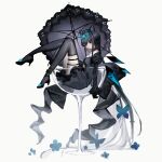 1girl absurdres animal_ears arcaea black_dress black_gloves black_hair black_shoes black_thighhighs black_umbrella blue_bow blue_butterfly blue_eyes blue_wings bow bug butterfly cat_ears closed_mouth crystal_wings cup detached_collar dot_nose double_bun dress fake_animal_ears frilled_skirt frills full_body gloves hair_bow hair_bun highres in_container in_cup juliet_sleeves long_hair long_sleeves off-shoulder_dress off_shoulder puffy_sleeves shoes simple_background sitting skirt solo tairitsu_(arcaea) tairitsu_(tempest)_(arcaea) thigh_strap thighhighs umbrella white_background wings yan_qing_(norayq1) zettai_ryouiki 