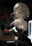  1girl alternate_costume black_dress black_gloves blonde_hair chair commentary commission dark_background dress eating flower flower_pot food food_on_face fruit gloves hand_on_table highres lambdadelta looking_at_viewer on_chair owlwy_(owl_roi) red_eyes red_flower short_hair sitting solo strawberry strawberry_plant table umineko_no_naku_koro_ni 