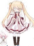  >_< 2girls blonde_hair blowing_whistle blush blush_stickers boots brown_boots closed_eyes commentary_request dress eyepatch facing_viewer flying_sweatdrops frilled_dress frilled_sleeves frills full_body hair_between_eyes hands_up highres holding holding_whistle index_finger_raised juliet_sleeves kazamatsuri_institute_high_school_uniform lace-up_boots long_hair long_sleeves medical_eyepatch medium_dress multiple_girls nakatsu_shizuru one_eye_covered paint_chat_(medium) pantyhose pointing pointing_at_viewer puffy_sleeves rance_(series) rance_vi rewrite school_uniform sidelocks sill_plain simple_background solo_focus standing straight_hair takepoison twintails v-shaped_eyebrows very_long_hair whistle white_background white_dress white_pantyhose wide_sleeves 