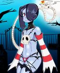  1girl bare_shoulders blue_hair blue_skin blush detached_collar detached_sleeves hair_over_one_eye heart highres kiddeathx leviathan_(skullgirls) red_eyes side_ponytail sienna_contiello skull skullgirls smile squigly_(skullgirls) stitched_mouth striped striped_sleeves zombie 